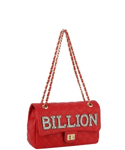 Rhinestone "BILLION" Quilted Turn-lock Chain Shoulder Bag QFS0035 RED